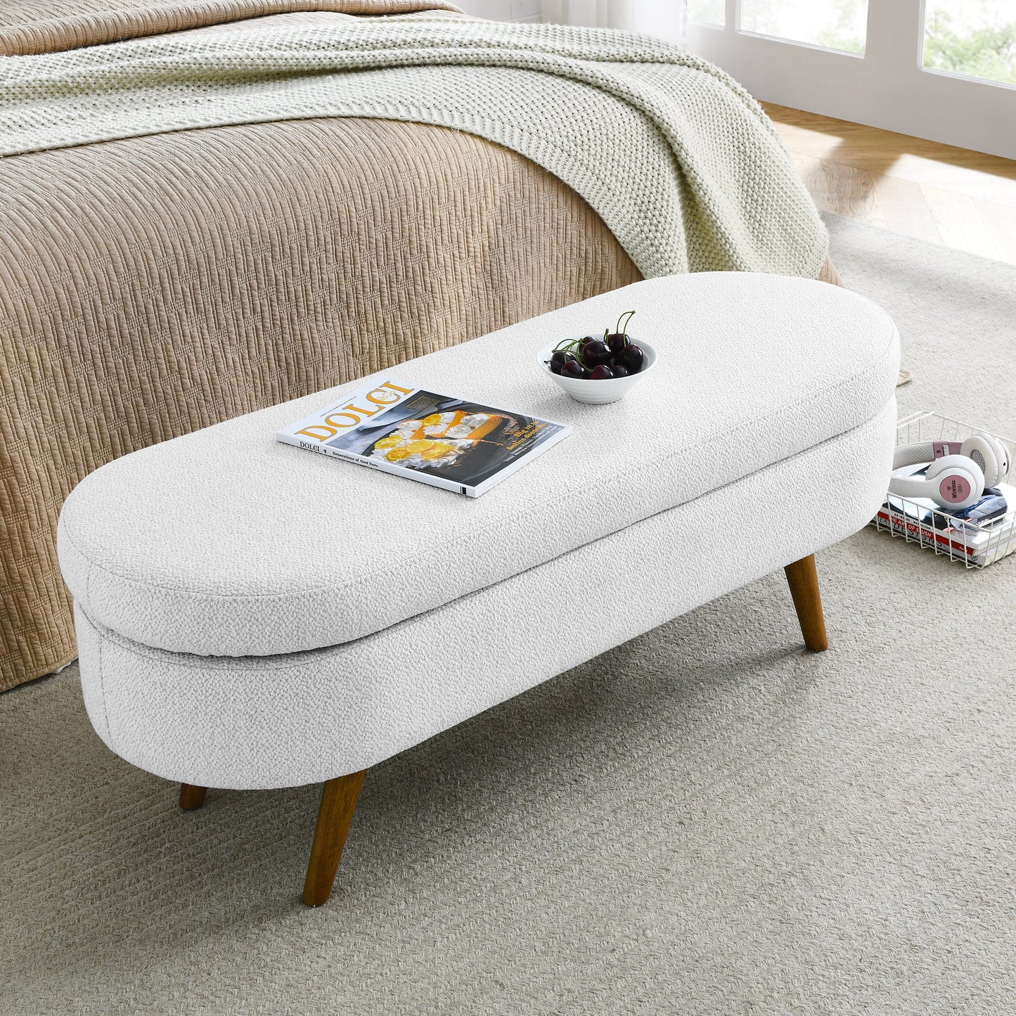 Ottoman Oval Storage Bench, White(43.5"x16"x16")