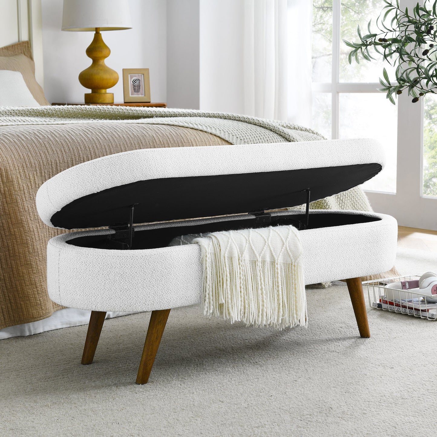 Ottoman Oval Storage Bench, White(43.5"x16"x16")