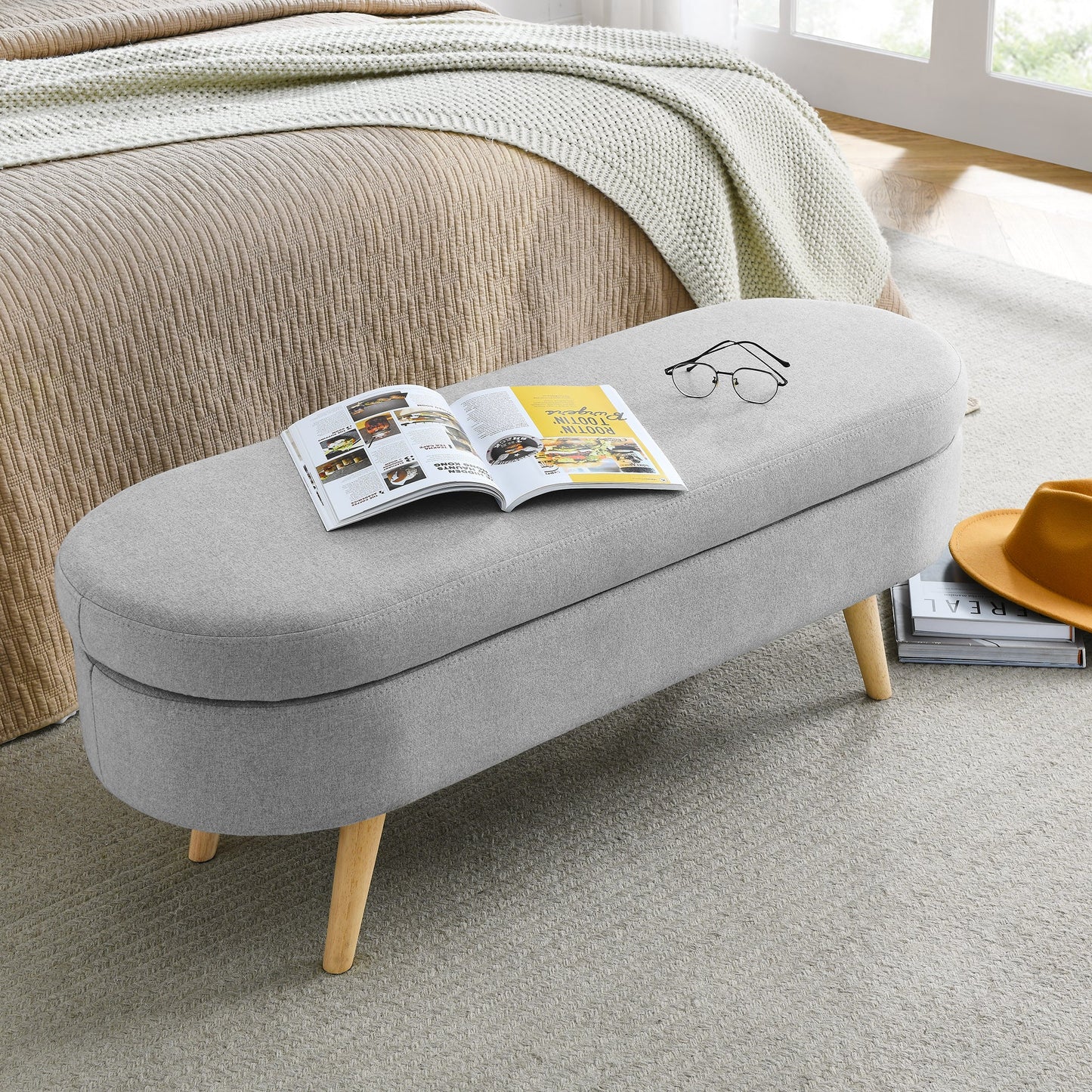 Ottoman Oval Storage Bench Grey(43.5"x16"x16")