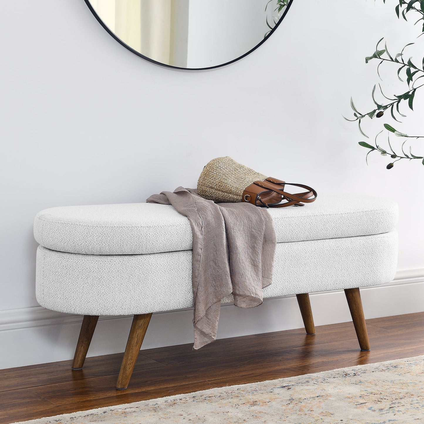 Ottoman Oval Storage Bench, White(43.5"x16"x16")