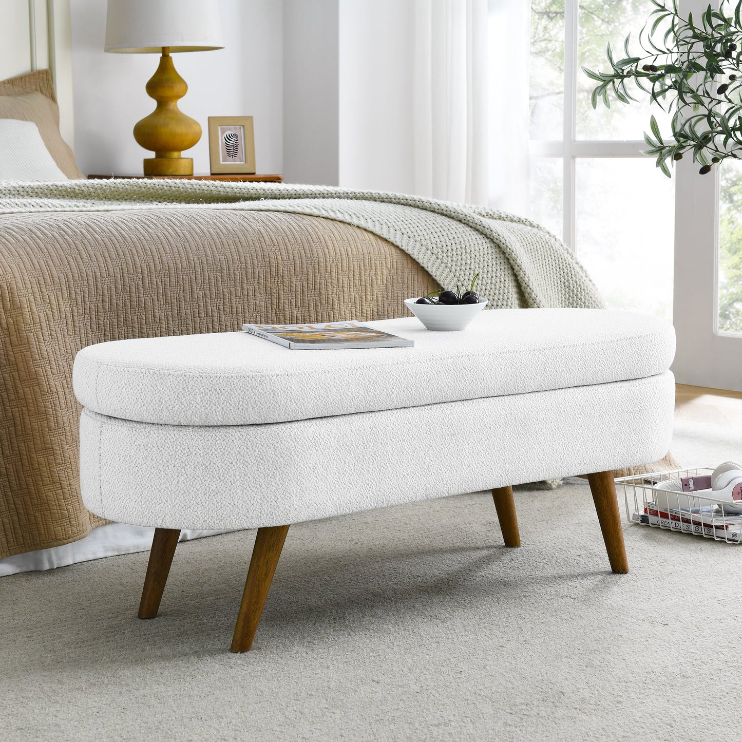 Ottoman Oval Storage Bench, White(43.5"x16"x16")