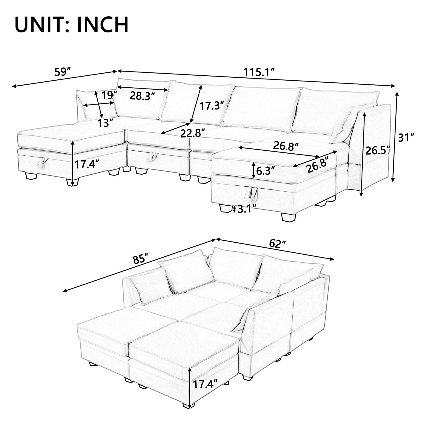 Modern Large U-Shape Modular Sectional Sofa