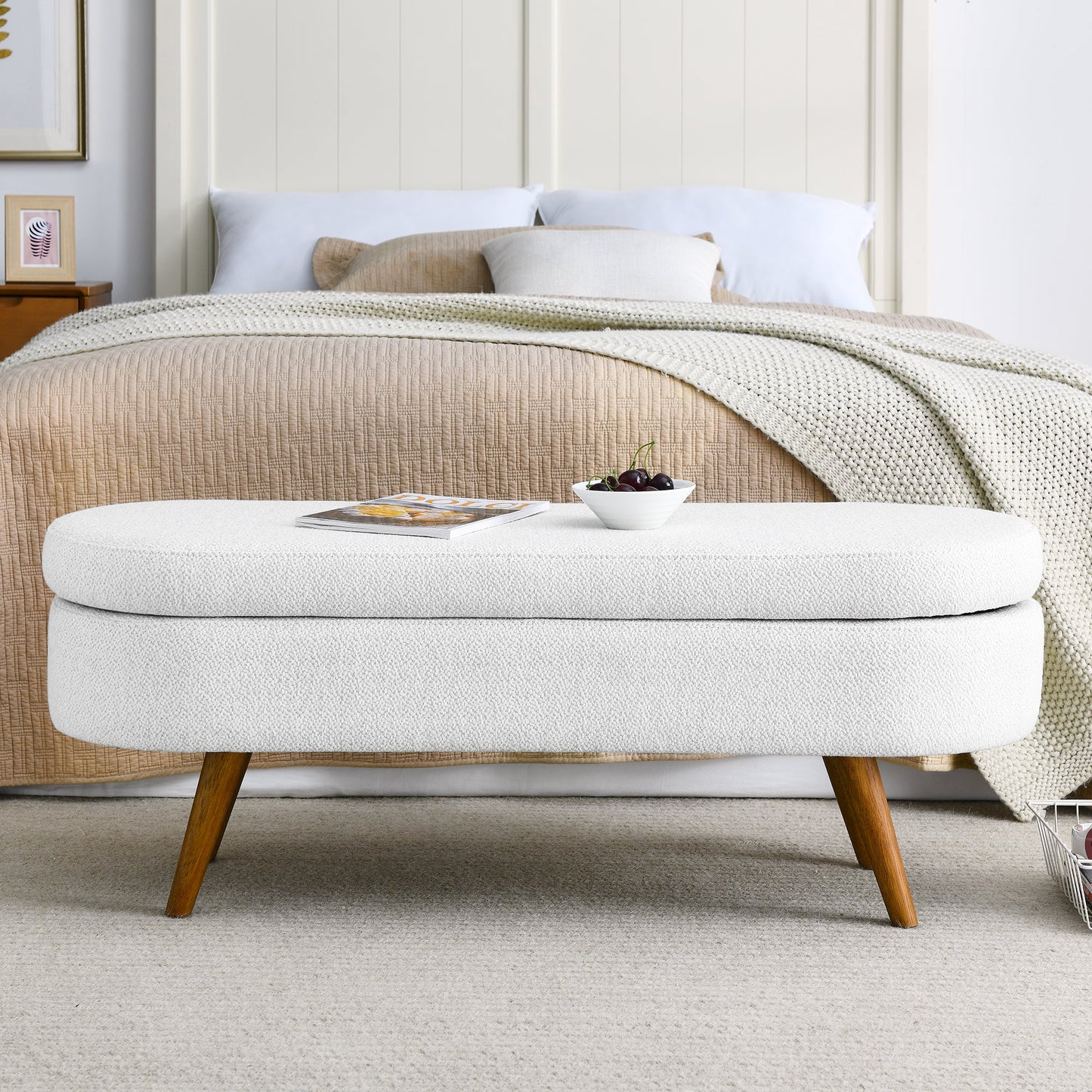 Ottoman Oval Storage Bench, White(43.5"x16"x16")